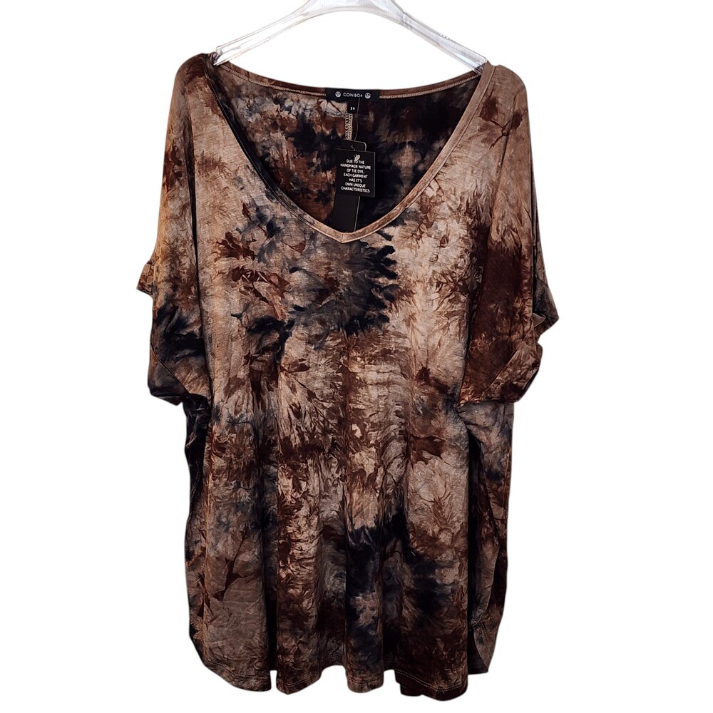 COIN1804 Brown Tie Dye V Neck Short Sleeve Rayon Spandex Oversized Top NWT 2X